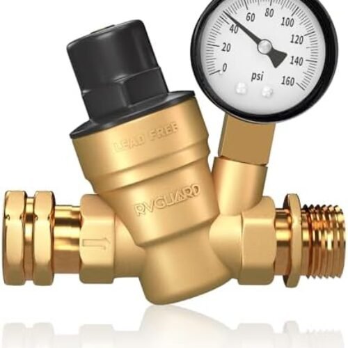 RVGUARD RV Water Pressure Regulator Valve, Brass Lead-Free Adjustable Water Pressure Reducer with Gauge and Inlet Screen Filter for RV Camper Travel Trailer : Automotive